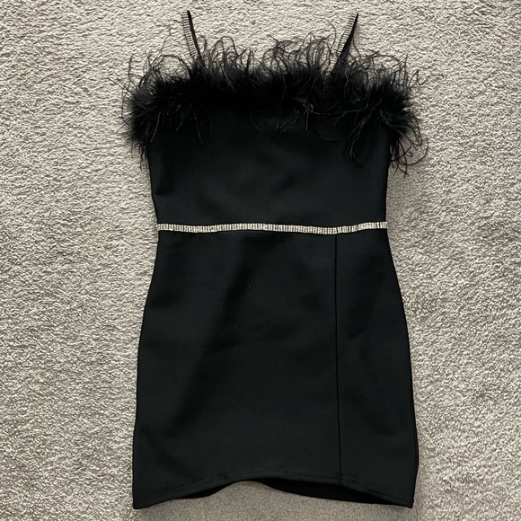 Fashion Nova Black Bandage Dress with fur & rhinestone embellishment - Picture 1 of 7